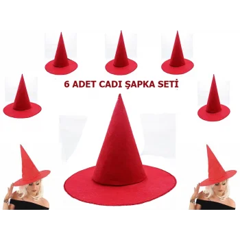 Kırmızı Renk Keçe Cadı Şapkası Yetişkin Çocuk Uyumlu 6 Adet