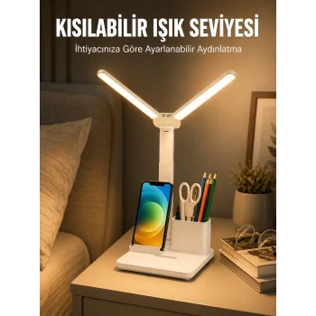 Kısılabilir LED Masa Lambası – Kalemlik, Telefon Standı ve Okuma Işığı Bir Arada Yeni Nesil