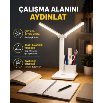 Kısılabilir LED Masa Lambası – Kalemlik ve Telefon Standlı, Göz Yormayan Işık Yeni Nesil