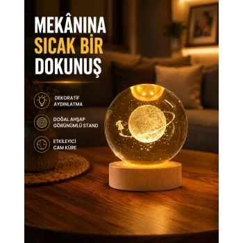 Kız Figürlü Sarı Cam Küre Işıklı Büyük Boy Ahşap Standlı Dekor