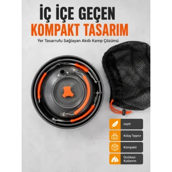 Kompakt Kamp Yemek Seti Alüminyum Tencere Tava Çaydanlık Taşıma Fileli Outdoor Set