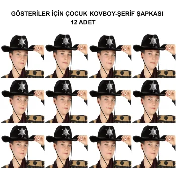 Kovboy Şerif Şapkası Siyah 12 Adet - Kostüm, Parti ve Gösteri Şapkası