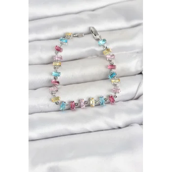 Kristal Taşlı Baget Kesimli Karışık Renkli Gümüş Renk Gema Kadın Bileklik