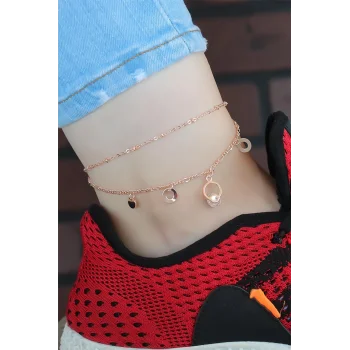 Kristal Taşlı Halkalı Rose Renk Çift Zincirli Hal Hal