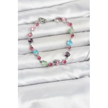 Kristal Taşlı Kalp Kesimli Karışık Renkli Gümüş Renk Gema Kadın Bileklik
