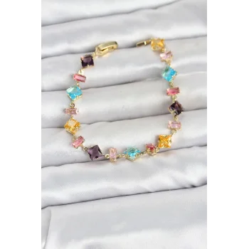 Kristal Taşlı Kesimli Karışık Renkli Gold Renk Gema Kadın Bileklik