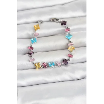 Kristal Taşlı Kesimli Karışık Renkli Gümüş Renk Gema Kadın Bileklik
