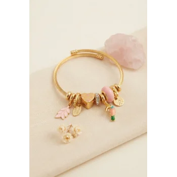 Kuş Figürlü Pembe Charmlı Gold Renk Bileklik