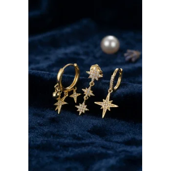 Kutup Yıldızı Model Gold Renk 3 lü Küpe Set