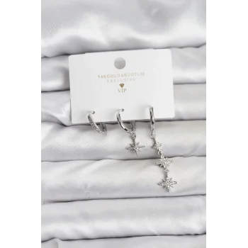 Kutup Yıldızı Model Gümüş Renk Pirinç 3lü Kadın Küpe Seti