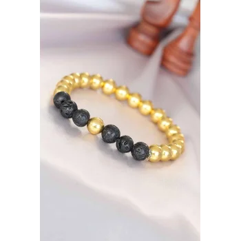 Lav Doğal Taş Detaylı Hematit Gold Renk Erkek Bileklik