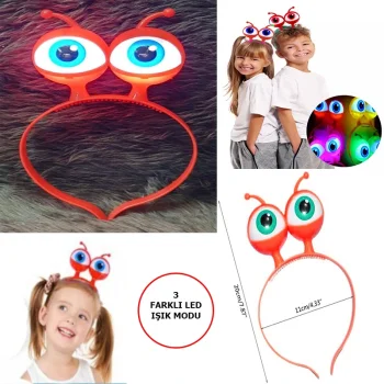 Led Işıklı &amp;amp; Pilli 3 Farklı Modda Yanan Uzaylı Göz Parti Tacı Kırmızı Renk 18x12 cm (5047)