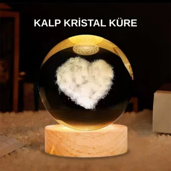 LED Işıklı Kalp Desenli Cam Küre Büyük Boy Ahşap Tabanlı