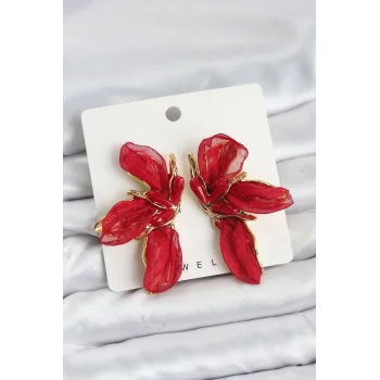 Lotus Model Kırmızı Renk Tüllü Kadın Küpe