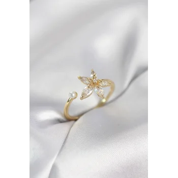 Lotus Model Zirkon Taşlı Gold Renk Kadın Yüzük