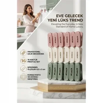 Lüks Çamaşır Mandalı Seti | 16lı Çelik Yaylı İz Bırakmaz Profesyonel Mandal 723087