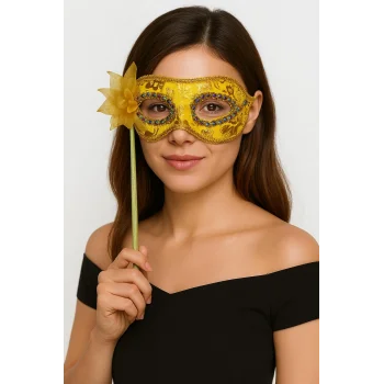 Lüks Taşlı Saplı Maskeli Balo Maskesi Altın Renk 35 cm