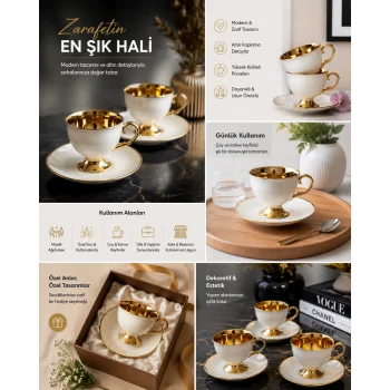 shopwave Luxury Yaldızlı Beyaz 6 Kişilik Kahve Fincan Takımı 90 ml (0177)