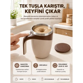 Manyetik Karıştırıcı Kupa USB Şarjlı Otomatik Karıştırma Çift Katmanlı