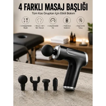 Masaj Tabancası 4 Başlıklı Kas ve Vücut Ağrıları İçin Şarjlı Darbeli