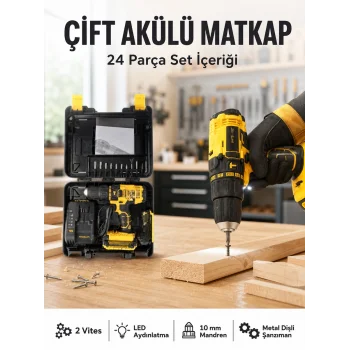 Matkap Seti 24 Parça Çift Bataryalı Darbeli Led Işıklı Vidalama Yeni Nesil