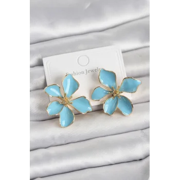 Mavi Mineli Çiçek Model Pirinç Kadın Küpe