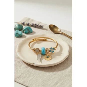 Mavi Renk Göz Model Gold Charmlı Bileklik