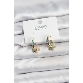 Mavi Taş Detaylı Pirinç Gold Renk Kadın Göçmen Küpesi