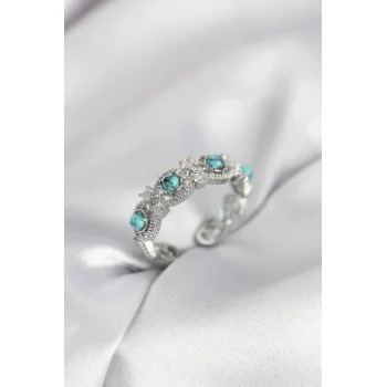 Mavi Taşlı Gümüş Renk Vintage Kadın Yüzük