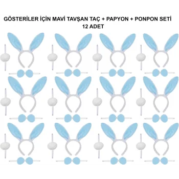 Mavi Tavşan Kostüm Seti – Taç, Papyon, Ponpon (12’li Paket) (5047)