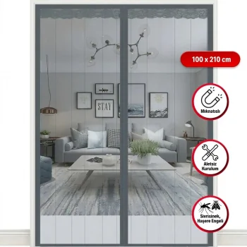 Mıknatıslı Kapı Sinekliği Gri 100x210 cm Otomatik Kapanan Manyetik Tül Sineklik (5047)