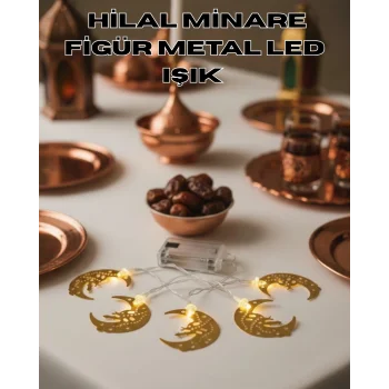 Minareli Hilal LED Işık Gold Metal Gövdeli Pilli Ramazan Dekoru
