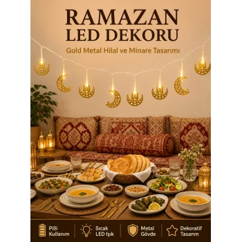 Minareli Hilal LED Işık Gold Metal Gövdeli Pilli Ramazan Dekoru