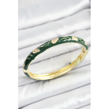 Mineli Pirinç Gold Renk Yeşil Çiçek Motifli Kadın Kelepçe