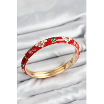 Mineli Pirinç Kırmızı Çiçek Motifli Gold Kadın Kelepçe