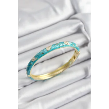 Mineli Pirinç Krem Ve Turkuaz Yaprak Motifli Gold Renk Kadın Kelepçe