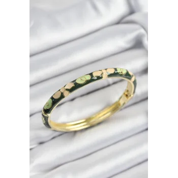 Mineli Pirinç Krem Ve Yeşil Çiçek Motifli Gold Renk Kadın Kelepçe