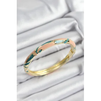 Mineli Pirinç Krem Ve Yeşil Mermer Motifli Gold Renk Kadın Kelepçe