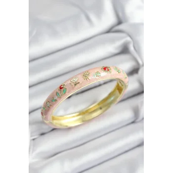 Mineli Pirinç Pembe Çiçek Motifli Gold Renk Kadın Kelepçe