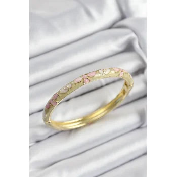 Mineli Pirinç Pembe Hardal Ve Krem Çiçek Motifli Gold Renk Kadın Kelepçe