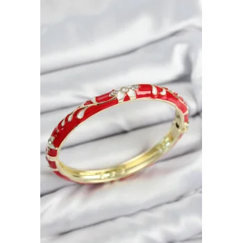 Mineli Pirinç Zirkon Taşlı Kırmızı Çiçek Motifli Gold Kadın Kelepçe