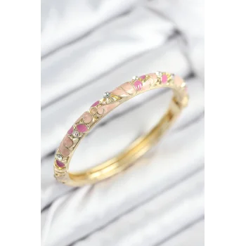Mineli Pirinç Zirkon Taşlı Pembe Çiçek Motifli Gold Kadın Kelepçe