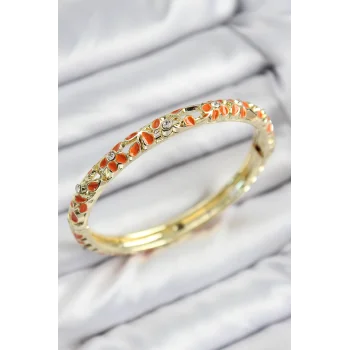 Mineli Pirinç Zirkon Taşlı Turuncu Çiçek Motifli Gold Kadın Kelepçe
