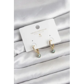 Minimal Nazarlı Model Gold Renk Zirkon Taşlı Kadın Küpe