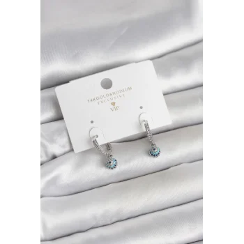 Minimal Nazarlı Model Gümüş Renk Zirkon Taşlı Kadın Küpe