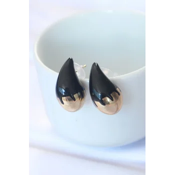 Minimal Siyah Mineli Çift Renk Damla Küpe