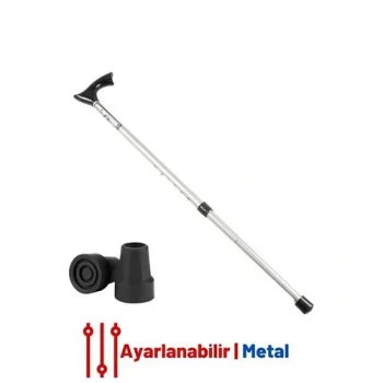 Yükseklik Ayarlanabilir GRİ Metal Baston - 7 Kademe Ayarlı Ergonomik Denge Desteği + 2 Yedek Uç