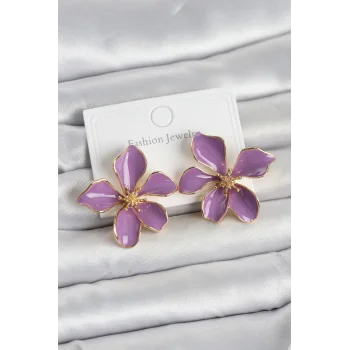 Mor Mineli Çiçek Model Pirinç Kadın Küpe