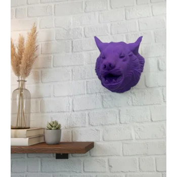 Mor Renk 3D Kurt Başı Duvar Dekoru Asılabilir Maskot Heykel 25x19 cm