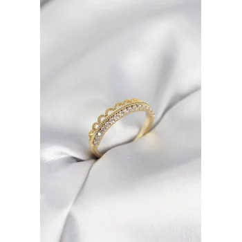 Motif Desenli Gold Renk Zirkon Taşlı Kadın Yüzük